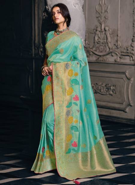 Green And Gold Colour Tantra Pankh New Heavy Meena Tissue Festive Wear Saree Collection 2709